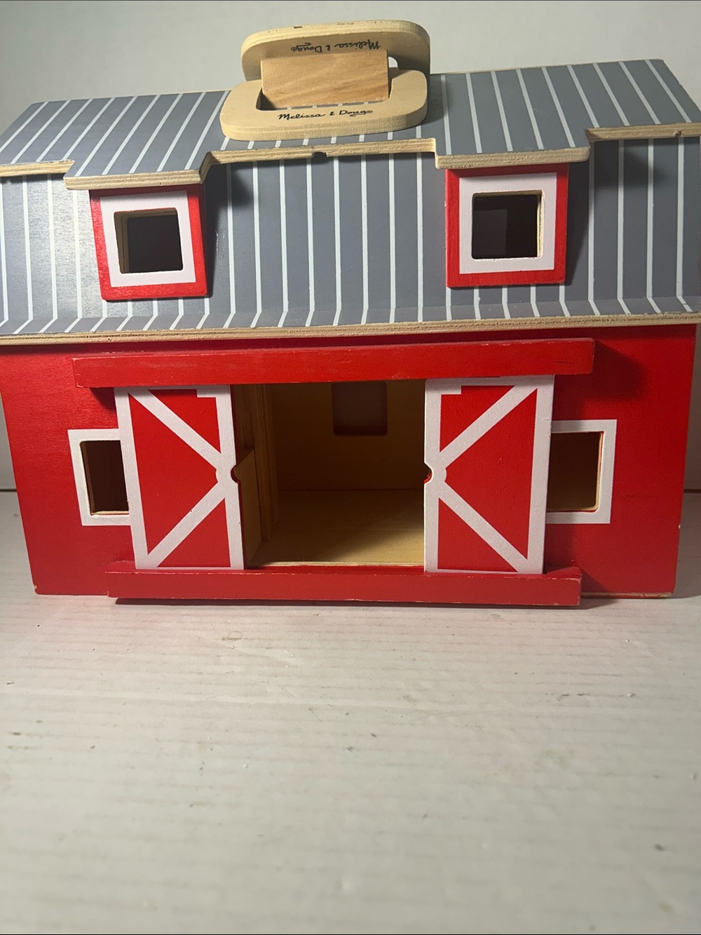 Melissa & Doug Red Wooden Barn with Gray Roof and White Trim - Picture 2 of 9